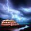 Placeholder: An old caravan at the bottom of an streaming river, lots of clouds within neon lights, thunder