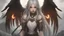 Placeholder: Angel of destruction with two big black wings, girl, gray hair, sad look, ancient greec clothing, fire sword in hand