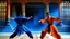 Placeholder: An image of two wushu fighters fighting in a black, orange, and blue color scheme in a unique, ancient setting.