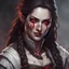 Placeholder: dungeons and dragons female assassin, pale skin, freckles, dark hair in long braid, bloody grin, red eyes, portrait