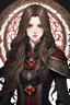 Placeholder: A portrait headshot of a confident looking young woman with pale skin and long brown hair in a dark fantasy setting with intricate details. She is a mage wearing black and read leather, has blood-red eyes, an air of malevolent power surrounds her. Anime style. High definition.