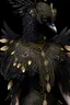 Placeholder: Beautiful Crow lady humanoid bird full body front wiev portrait with open wings extremely detailed and textured feathers ribbed with árt Nouveau floral embossed filigree Golden chain effect miniature lack shiny diamonds wearing árt Nouveau style filigree feathered costume and black diamond diadem and jewelry organic bio spinal ribbed detail of full body hyperrealistic intricate detailed of full body bird portrait