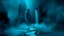 Placeholder: A surreal, dark and cold abstract artwork dominated by deep blue, icy cyan, charcoal black and muted steel-grey tones. A mysterious, impossible passageway emerges from an abstract distorted landscape, surrounded by thick atmospheric fog and drifting mist. The space feels dreamlike, alien and unsettling, with fragmented geometric forms, floating architectural fragments and unnatural perspectives. At the center of the composition, clearly visible and integrated into the artwork itself, is the word