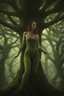 Placeholder: full body shot of a young, slim woman covered in a one-piece bodysuit made from tiny green filigree leaves, emerging from a tree, detailed matte painting, deep colour, fantastical, intricate detail