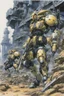 Placeholder: Masamune Shirow, pencil colour drawing of a squad of bioroids in operation on the ground, surrounded by ruins; Appleseed interior page, 1987