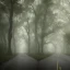 Placeholder: long road in the middle of the forest, with fog, cloudy day with rain, distant old church