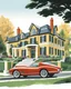 Placeholder: Architectural drawing of a luxurious modern two-story country house, trees, people and cars, complementary colors