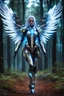 Placeholder: Front View night photography Beautiful Angel woman cyborg cybernetic, warframe armor, straddle wings in Magical Forest full of lights colors, Photography Art Photoshoot Art Cinematic Soft Blur Colors - on Running Dramatic Pose