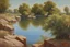 Placeholder: blue sky, rocks, sci-fi, lake, vegetations, friedrich eckenfelder and henry luyten impressionism paintings