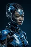 Placeholder: Cyborg female evolving | concrete floor | detailed | fine art | highly detailed | smooth | sharp focus | ultra realistic | full body portrait view, Mysterious,blue metal, smile