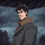 Placeholder: a closeup of a disgusted young man in a heavy coat during a rainstorm cartoon