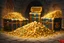 Placeholder: dnd, fantasy, watercolour, large strokes, stylistic, dungeon, piles of gold, chests full of gold, various gems, various riches, opulent, grandiose