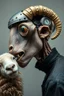 Placeholder: side profile, with heading (autofarm) in poster form,a portrait of a very very skinny head mechanic sheepman, man is eating a hybrid mixed body part sheep, giant eyes sheep alien style H.R giger look. as one headed mouth open, rough teeth, turn head, yummy yummy