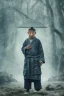 Placeholder: A man in old Japanese clothes is standing in nature while it is raining , winter rain,dramatic scene