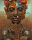 Placeholder: an abstract painting of rusted metal and flowers, african portrait, rust, scaffolding, iron cladding, decay, mixed media, textured, anatomically correct, beautiful perfect face, sharp focus, highly detailed