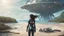 Placeholder: A Long-Haired Woman In A Robotic-Looking Catsuit Standing On A Beach, With Flying Mushrooms with Jellyfish Tentacles, and a crashed Spaceship lying in the water, and a Forest in the distance