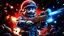 Placeholder: Mario holding a photo real ak47 gun. intricate metallic prisms in space with nebula style