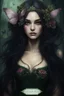 Placeholder: Frogs Water lilies Dark burgundy red long hair Dark Fairy princess rapunzel hair queen crown butterflies dragonflies fireflies elven tiara flowers fairy wings emerald moss