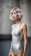 Placeholder: beautiful asian anorexic woman, total shot, short silver triathlon swimsuit, short blond wavy bob hair, blurred concrete background