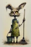 Placeholder: artist Jean-Baptiste Monge style. a unhappy, disgruntled biomorph tall lanky skinny fuzz-headed old dust bunny. skinny arms, legs and body. covered all over in bits of dust and dirt. blue eyes. A yellow dotted green raggedy apron. holding a mop and pail. standing in a cloud of dust. large bits of dirt flying around his head. In Style of Tim Burton