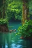Placeholder: A three ducks swimming in the lake , covers a green leaves among relict trees, tropical forest in some places covered with ivy, around blue beautiful river fantasy, photo