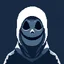 Placeholder: 16 bit pixelart of a shadow figure with a white smooth wide smiling mask, no nose, no nose holes, no nostrils