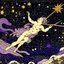 Placeholder: A violet galaxy with shooting stars designed in Bayeux tapestry painted by Giovanni Battista Sassi