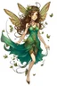 Placeholder: Forest fairy with iridesand teal wings and a cute short leaf dress and pointed ears and multiple vine earings and ear cuffs flying through a mythical forestand brown wavy hair trailing her