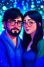 Placeholder: Christmas scene, dark haired couple, man with short black beard and glasses, woman with long hair, blue eyes, young couple, graphic