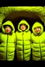 Placeholder: Three mole person inside a giant jacket