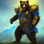 Placeholder: An angry bear warrior in blue and gold armor, background of Inka jungle, high detail, smooth, realistic, digital illustration, Artstation, artgerm,