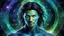 Placeholder: beautiful gorgeous young man na'vi with long hair, Avatar, blue skin, two small ears, green eyes, black hair, in cosmic suit, galactic ambiance, medium pointy goatee , smiling, nebulas and sacred geometry light figures on the backgroud,