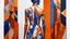 Placeholder: A full-body portrait of a female figure viewed from behind, rendered in a bold, abstract expressionist style with thick, textured brushstrokes and fragmented geometric shapes. The figure’s form is deconstructed into angular, overlapping planes of warm skin tones—ochre, terracotta, and cream—contrasted against sharp, cool accents of deep blue and metallic silver. Her long hair flows in dynamic, jagged strands, blending with the surrounding abstract background. The background consists of heavy, ge