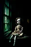 Placeholder: looking at the camera a high realistic porcelain puppet doll, old, dirty with old dress, sitting on shelf, in background blur cracked window. The figure has cracked face and head, and piercing big black eyes. High contrast, cinematic, thriller, dark, atmospheric. Surreal style , perfect composition, sharp focus, intricate details, crepy stunning horror vibe