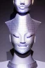 Placeholder: Technological singularity. Machine, fake smile, staring camera-eyes. 3D-tiling in adaptive background, lighted tower full of heads. Lightly armored, haughty. Cyber-punk full-mask. Lay figure woman with plastic milky skin. Repugnant behavior towards a human. tippets. Haute Couture 1996. Light right. Colors are silver, black, Cyan. Huge headphones. golden rings. Thick tights, Thick calves, Curved fell, Wide hip. Secretly change her head to another, which reveals face of