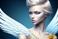 Placeholder: beautiful woman, blue eyes, blond hair, white wings, white and gold dress