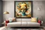 Placeholder: Style by Gabriel Pacheco and Tim biskup and Salvador Dali, a framed picture of a colorful weird surrealism in a normal spartan living room, masterpiece, strange inconsistencies and banal absurdities, smooth, neo surrealism,