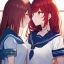 Placeholder: High quality, Detailed, 2girls, looking at eachother very angrily, both wearing a sailor uniform, one with red hair, the other with blue