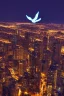 Placeholder: A flying angel over the tall buildings in a city at deep blue night.