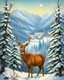 Placeholder: vintage postcard, painting of a deer in a snowy forest with a little cute village in the valley in the background, fantasy, cosy enchanted winter scene, beautiful depiction, inspired by Terry Redlin, snowy winter scene, painting, by Cindy Wright, beautiful detail, by Doris Blair, wintery scene, amazing detail, stunning artwork, vintage postcard, nostalgic style