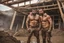 Placeholder: portrait shot photography of two ugly 36 year old beefy big robust burly italian carpenters embraced in the mud, dirty and wet, wearing bulging shorts, shirtless, hairy chest, serious, very virile, short beard, shaved hair,, , in a sunny construction work area, photorealistic , photorealistic