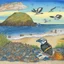 Placeholder: A color drawing of a detailed beach with a turtle and puffin birds