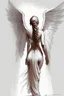 Placeholder: full body woman angel from back, wings coming from back of her shoulders, bun haired angel wearing long tunic ultra realistic drawing