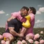 Placeholder: 2 big hairy muscular men in velvet Prada shirts are kissing each other and sitting in a field of pink roses next to yellow plastic ducks and gift boxes next to them