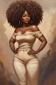 Placeholder: create a expressive oil painting image of a cartoon curvy black female wearing beige linen pants and a brown off the shoulder. Prominent make up with hazel eyes. Highly detailed long thick curly afro.