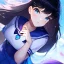 Placeholder: Clear focus, High resolution, girl wearing a purple sailor moon outfit, long fluffy black hair, blue eyes, wearing a sailor uniform skirt including color and length