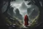 Placeholder: Dante in a red robe, at full height, walks along a narrow path, through an eerie dark, overgrown forest towards a mountain, stones, rocks from which trees grow.