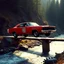 Placeholder: digital photograph, dramatic angle of dukes of hazard's 1969 red dodge charger with "01" on door jumping over a small river off a collapsed bridge