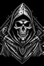 Placeholder: skeletor, skeleton in a black hooded cloak drawn in a retro mascot style, inside a diamond shape on a black background, monochromatic