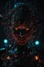 Placeholder: Demon girl, fullbody, creepy, horrifying, sinister, many wires connected to the head lumen lighting, led lights, sparks around her, sparks cybernetic, intricate, 8k, macro photography,